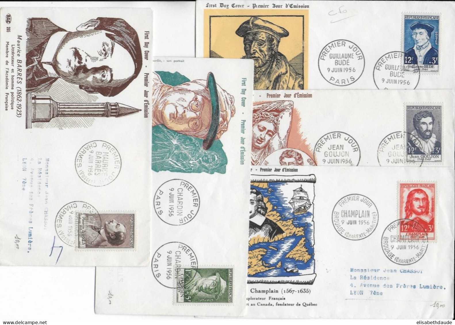 HOMMES CELEBRES - 1956 - YVERT N° 1066/1070 - 5 ENVELOPPES FDC - 1950-1959