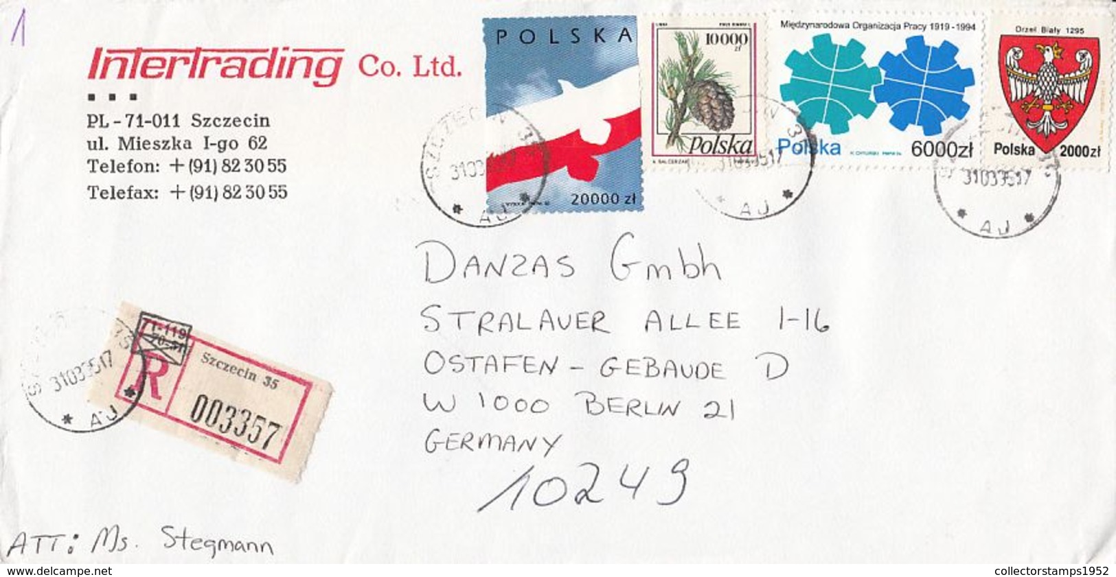 7598FM- PEACE, PINE CONES, TRADE UNION, COAT OF ARMS STAMPS ON REGISTERED COVER, 1995, POLAND - Lettres & Documents