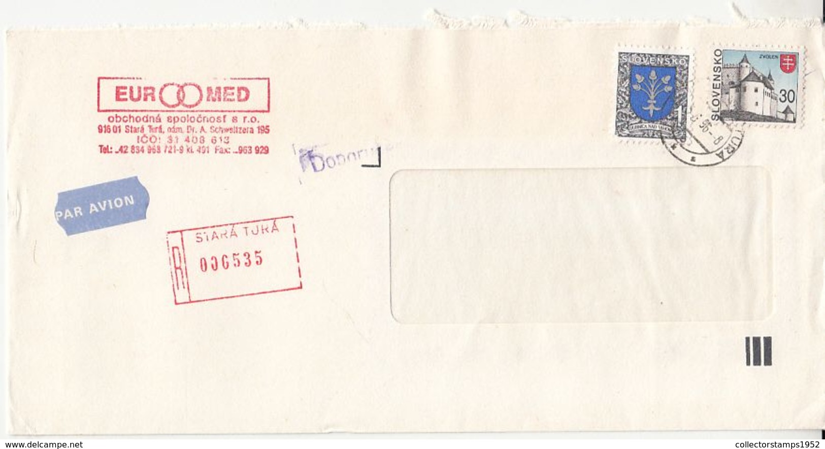 7600FM- COAT OF ARMS, FORTRESS, STAMPS ON REGISTERED COVER, 1996, SLOVAKIA - Lettres & Documents