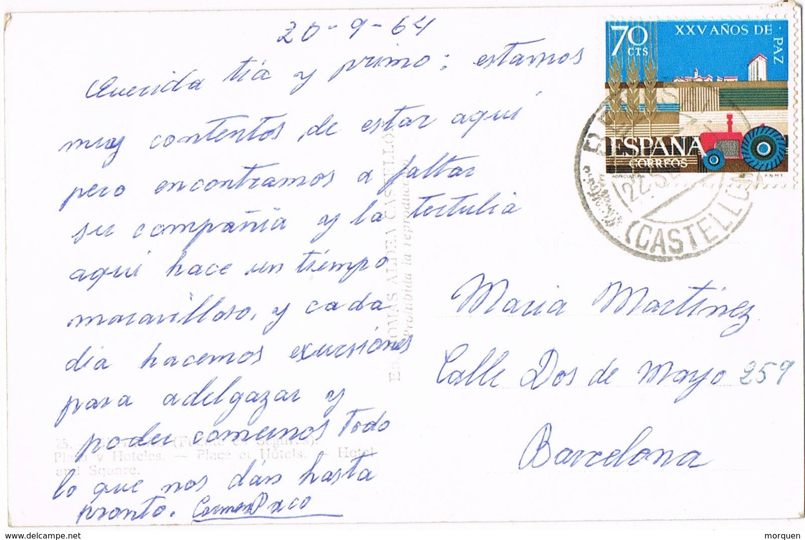 34863. Postal BENASAL (Castellon) 1964. Vista Fuente En Seguras, Plaza Y Hoteles - Cartas & Documentos