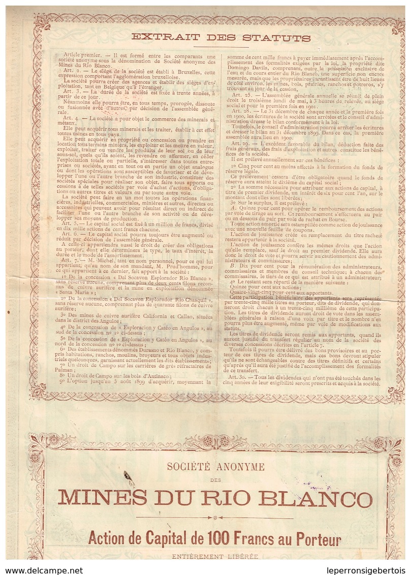 Action Ancienne - Sté Anonyme Des Mines Du Rio Blanco - Titre De 1899 - Mijnen