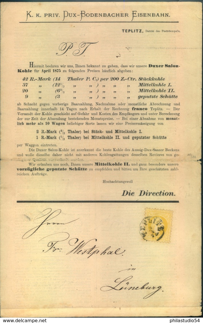 1875, Interessanter Drucksache "K. K.  PRIV, DUX-BODENBACHER EISENBAHN" Mit 2 Kreuzer Franz-Josef - Sonstige & Ohne Zuordnung