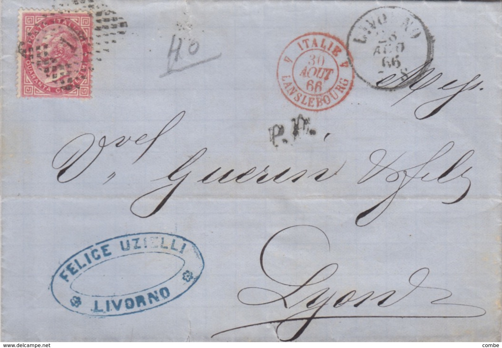 LETTRE ITALIE. 28 AOU 66. 40c.  LIVORNO POUR LYON. PD. ITALIE LANSLEBOURG 4  /  3 - Poststempel