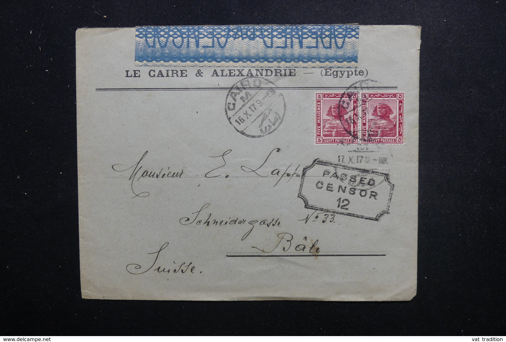 EGYPTE - Enveloppe Commerciale Du Caire Pour La Suisse En 1917 Avec Contrôle Postal - L 48506 - 1915-1921 British Protectorate