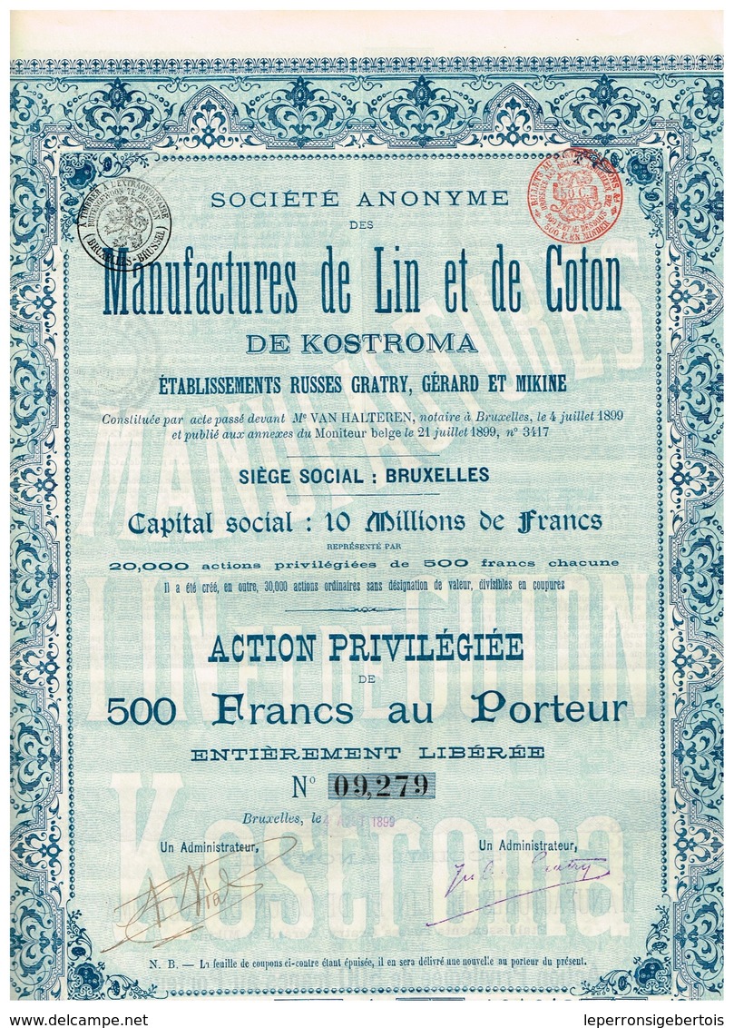 Action Ancienne - Sté Anonyme Des Manufactures De Lin Et De Coton De Kostroma - Titre De 1899 - - Rusland