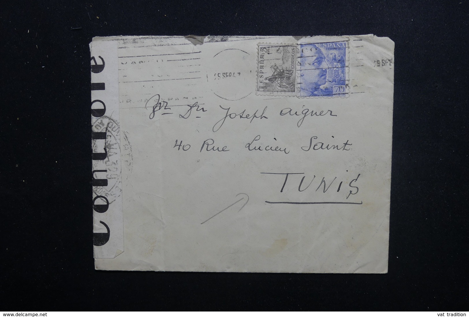 ESPAGNE - Cachet De Censure De Barcelone Au Verso D'une Enveloppe Pour Tunis En 1943 - L 48511 - Bolli Di Censura Nazionalista