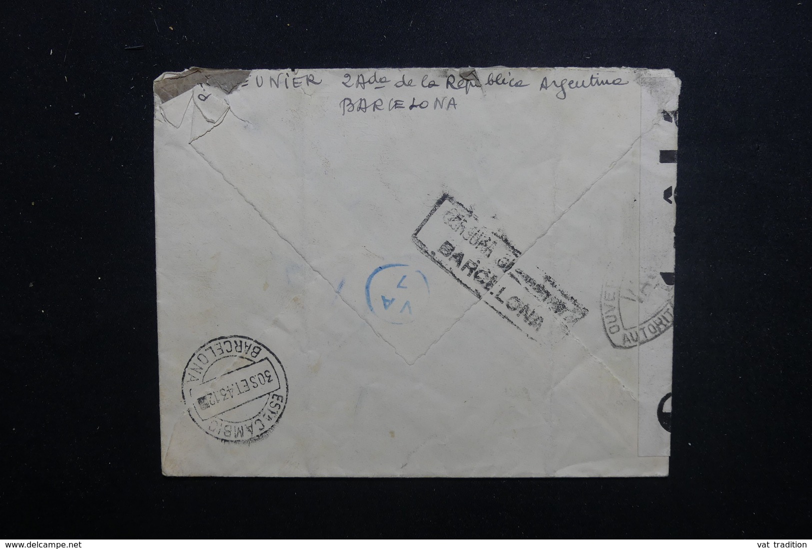 ESPAGNE - Cachet De Censure De Barcelone Au Verso D'une Enveloppe Pour Tunis En 1943 - L 48511 - Marcas De Censura Nacional