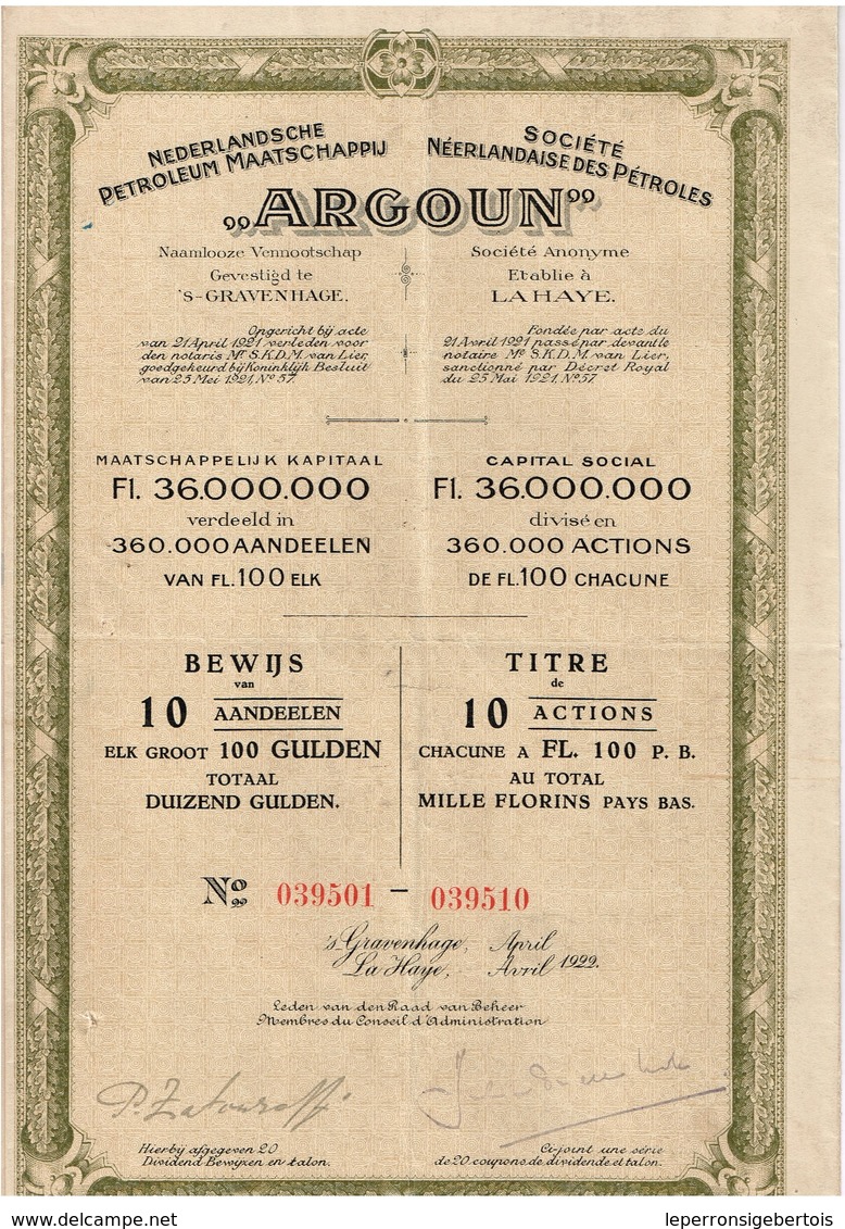 Titre Ancien - Nederlandsche Petroleum Maatschappij - "Argoun" - Sté Néerlandaise Des Pétroles - Titre De 1922 - - Pétrole