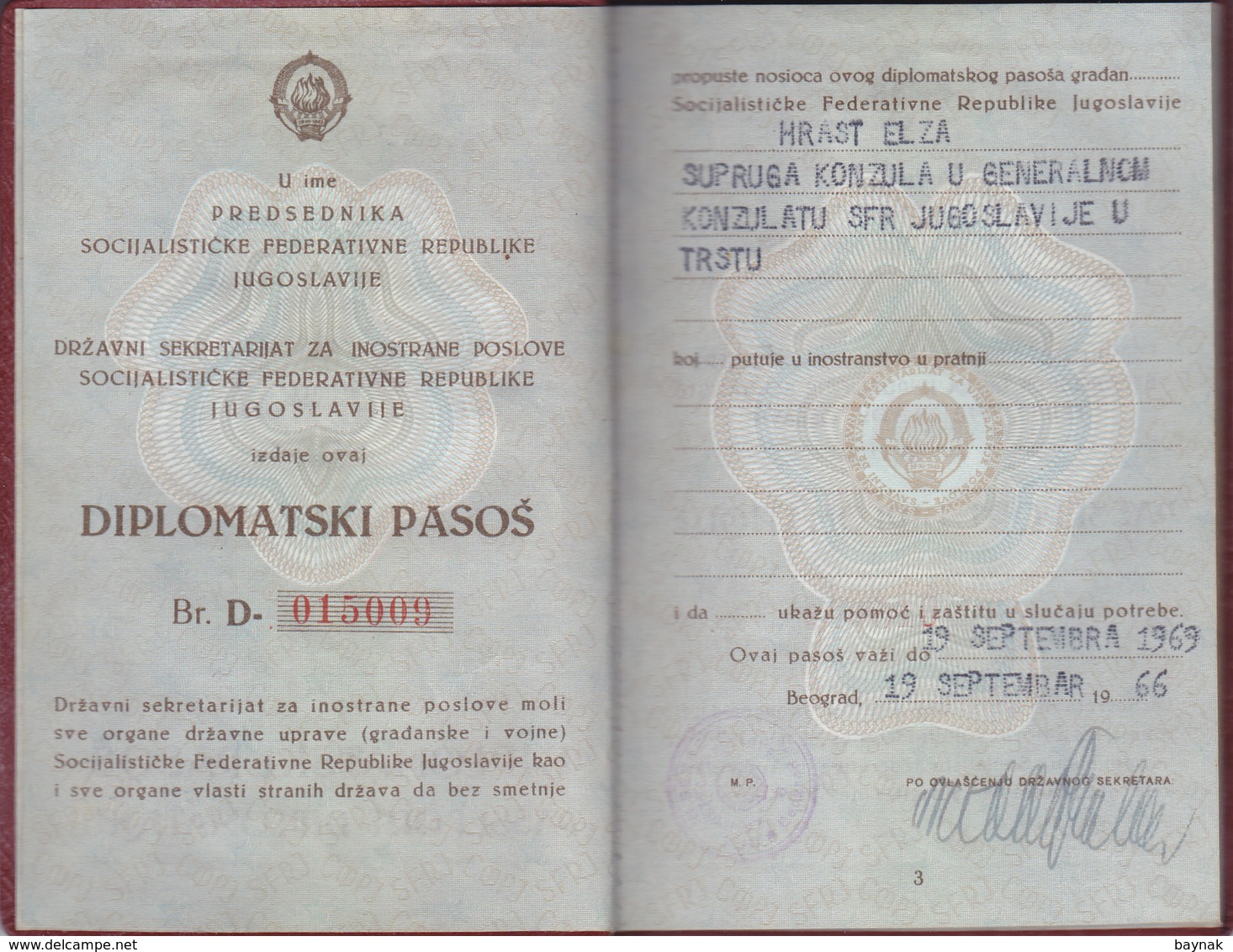 SFRJ  - YUGOSLAVIA  - DIPLOMATIC PASSPPORT  -  LADY  OF YU CONSUL IN TRIESTE, ITALIA  - 1969  - DIPLOMATIC VISA  3 YEAR - Historische Dokumente