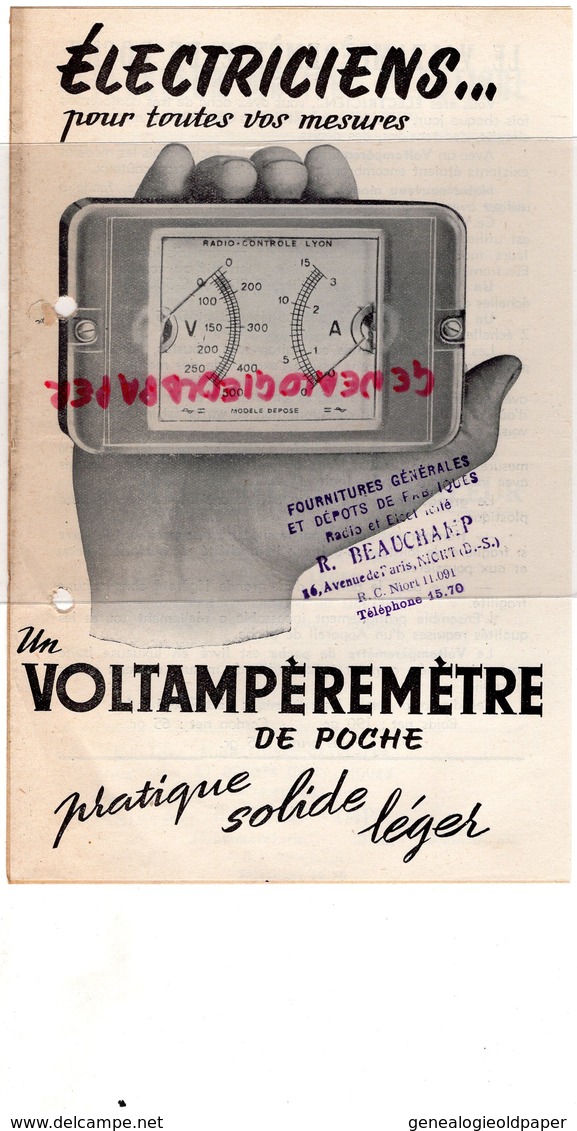 79- NIORT - PUBLICITE VOLTAMPEREMETRE- RADIO ELECTRICTE R. BEAUCHAMP- 16 AVENUE PARIS- ELECTRICIEN - Electricité & Gaz