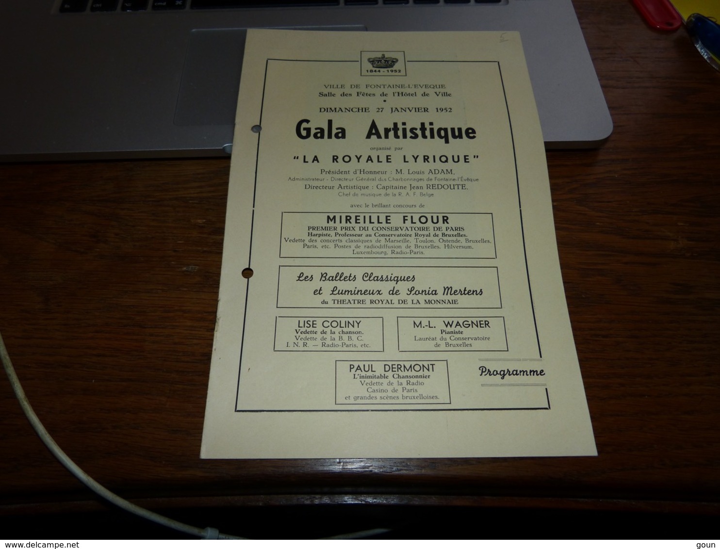 Ptogramme Gala Artistique 1952  Fontaine L'Evêque Jean Redoute Lise Coliny Mireille Flour Paul Dermont 8p - Programmes