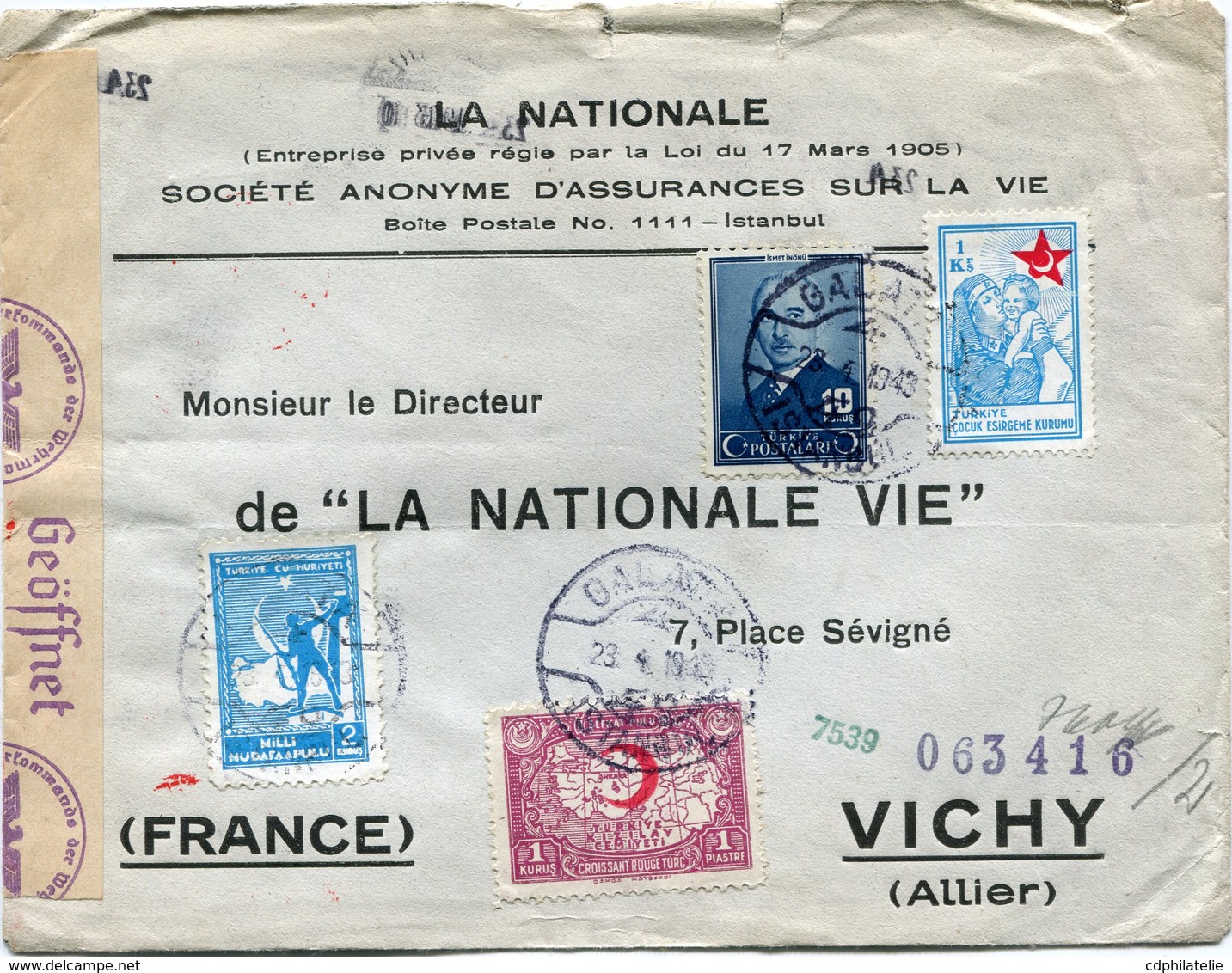 TURQUIE LETTRE CENSUREE DEPART GALATA 23-4-1943 POUR LA FRANCE - Covers & Documents