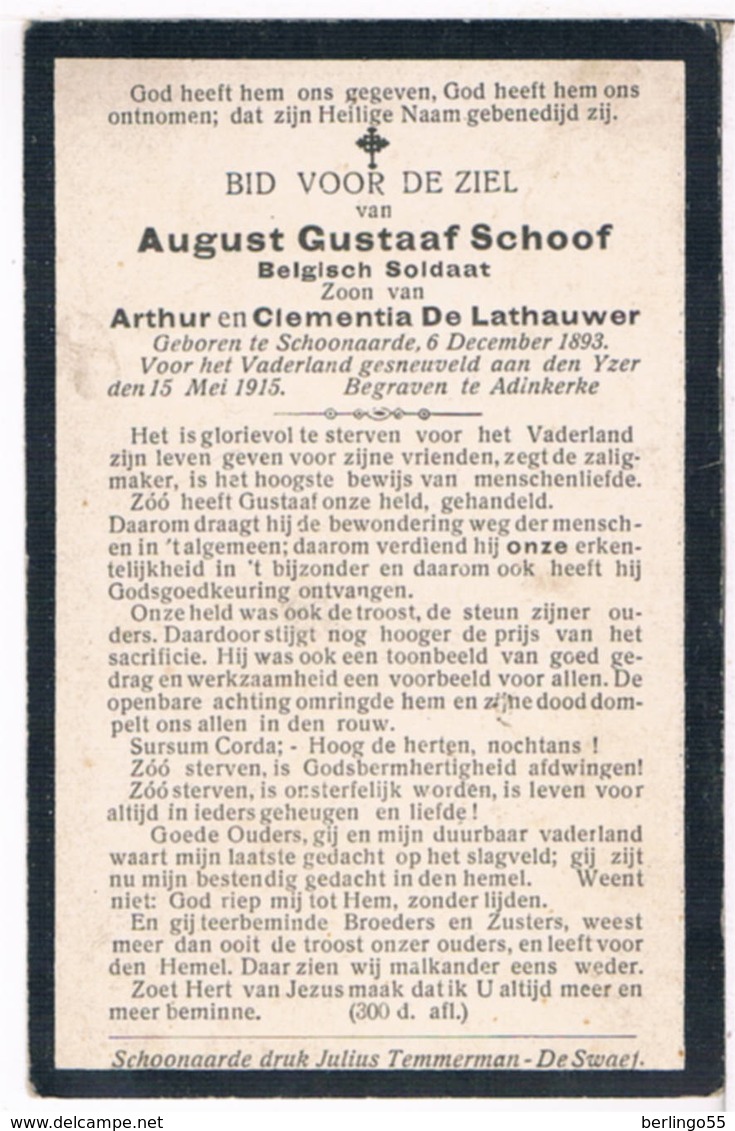 Dp. Oorlog. Belgische Soldaat. Schoofs August. ° Schoonaarde 1893 † Gesneuveld A.d. Yzer 1915  (Begraven Te Adinkerke) - Religion &  Esoterik