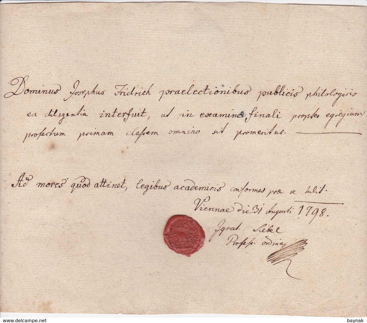 WIEN  --  AUSTRIA  --  OSTERREICH  --  OLD DOCUMENT --  1798  --  JOSEPHUS FRIDRICH - Historische Dokumente