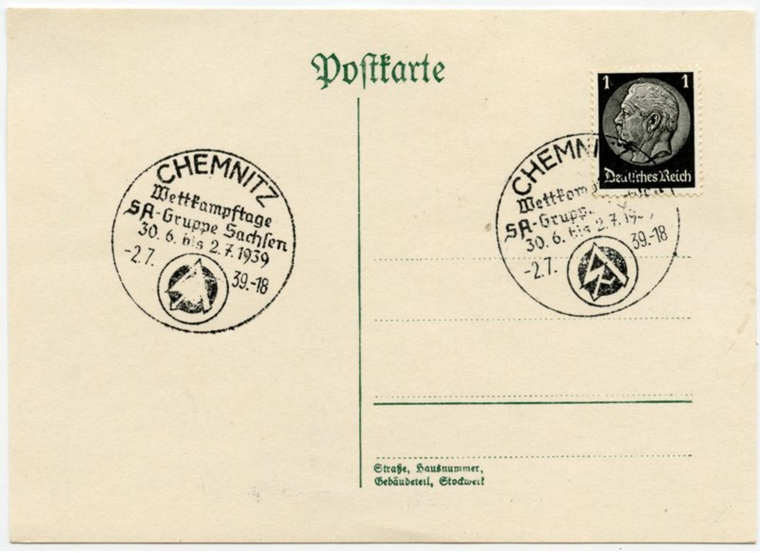 DT. REICH 1939, PK, DR NR. 512, SONDERSTPL. CHEMNITZ WETTKAMPFTAGE, SAMMLERBELEG - Briefe U. Dokumente