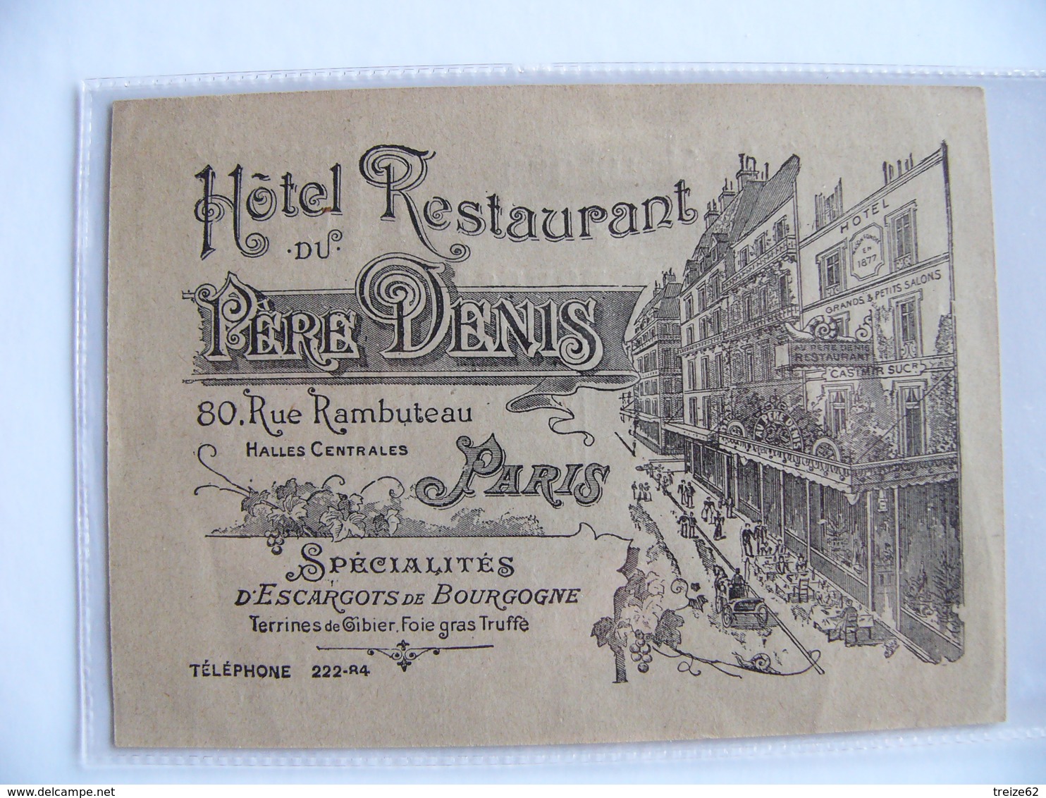 Publicité Papier Hôtel Restaurant Du Père Denis Rue Rambuteau Paris Spécialités D'escargots De Bourgogne - Werbung
