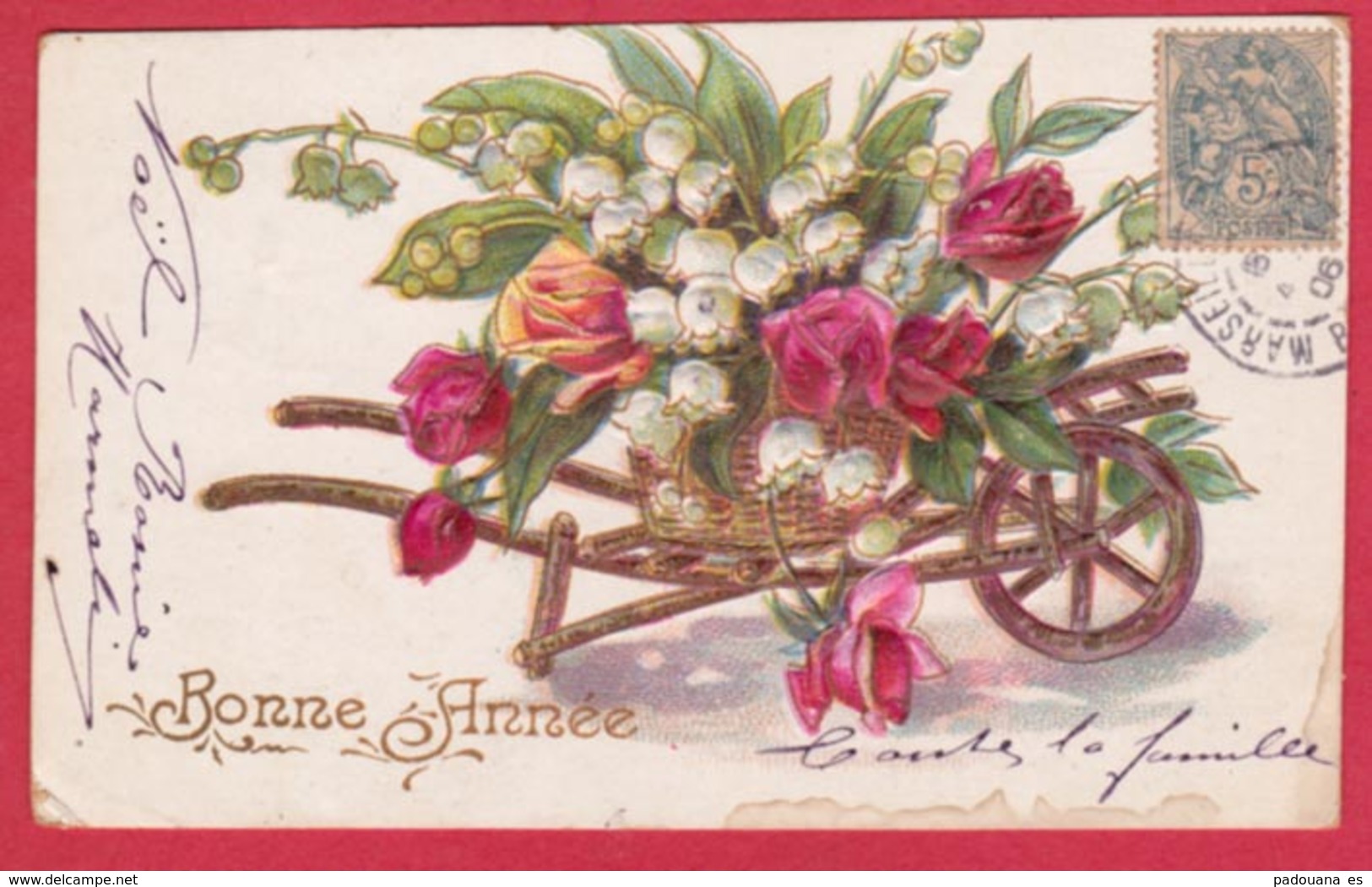 AE153 FANTAISIES  FLEURS  BROUETTE CARTE GAUFREE - Autres & Non Classés