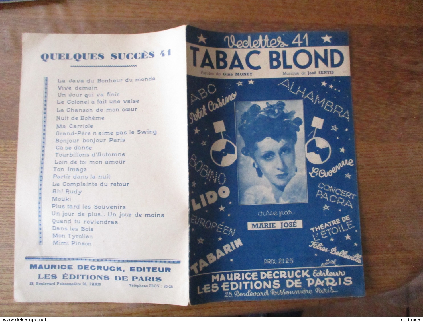 TABAC BLOND CREEE PAR MARIE JOSE PAROLES DE GINE MONEY MUSIQUE DE JOSE SENTIS - Scores & Partitions