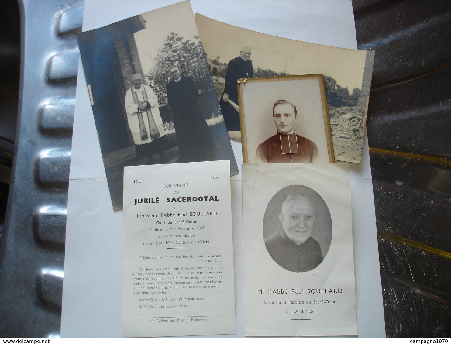FRAMERIES ( MONS BORINAGE ) - LOT UNIQUE 3 PHOTOS + 2 SOUVENIRS - ABBE PAUL SQUELARD - CURE DU SACRE COEUR - Historische Dokumente