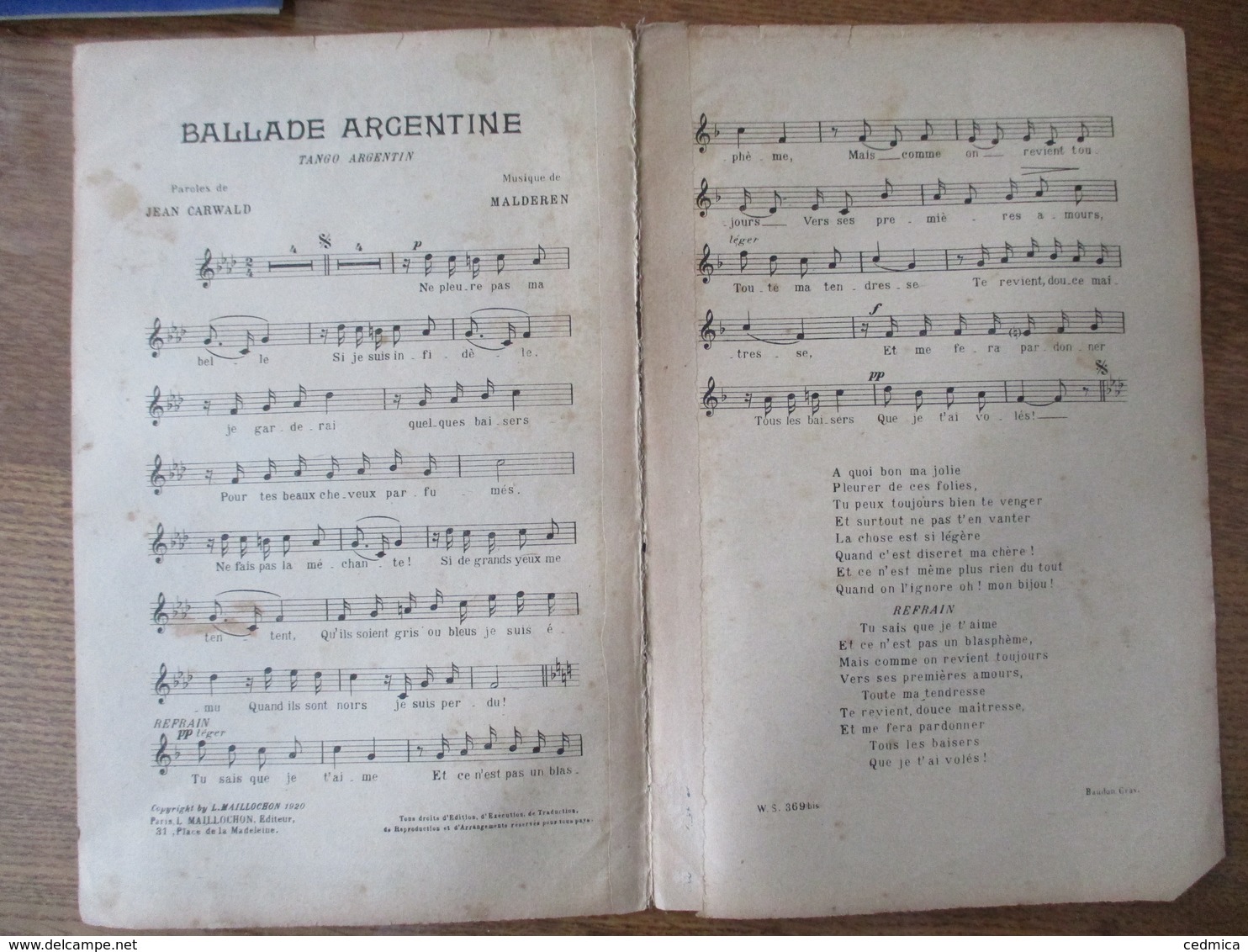 BALLADE ARGENTINE PAROLES DE JEAN CARWALD MUSIQUE DE MALDEREN 1920 - Spartiti