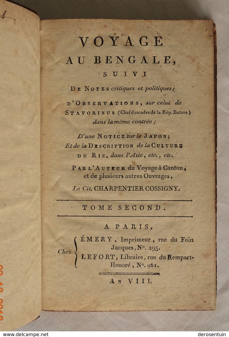 A1247	[Boek] Voyage Au Bengale, Suivi De Notes Critiques Et Politiques ... [2 Vol. Carte / Paris, An VIII 1799-1800] - 1701-1800