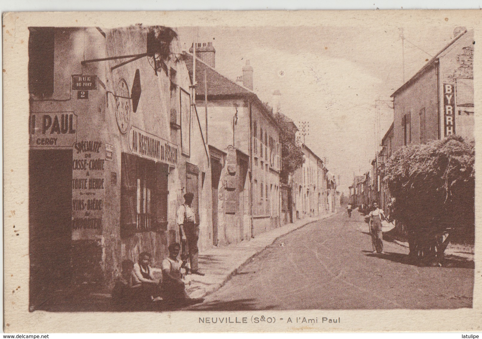 Neuville-sur-Oise  95   Café-Restauranta L'Ami-Paul_Trttoir Et Rue Animée Avec Attelage - Neuville-sur-Oise