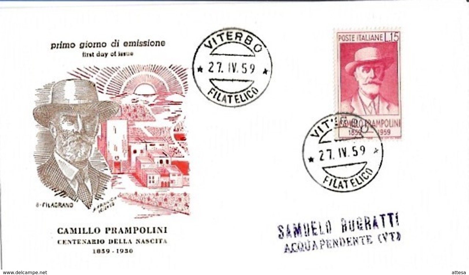 1959 FDC - Edizioni Filagrano - Camillo Prampolini Con Timbro Di Arrivo - Altri & Non Classificati