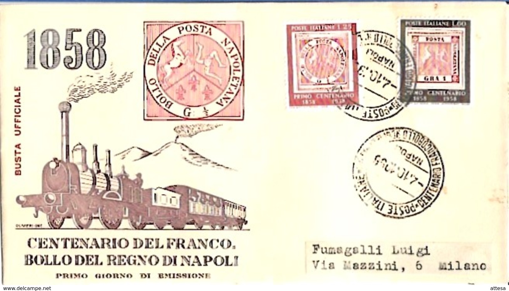 1958 FDC - Edizioni RE.RU. - Centenario Del Francobollo Del Regno Di Napoli - Trains