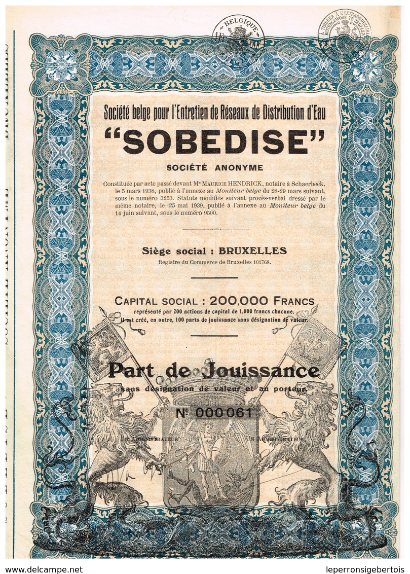 Titre Ancien - Sté Belge Pour L'Entretien De Réseaux De Distribution D'Eau "SODEBISE" - Titre De 1939 - - Water