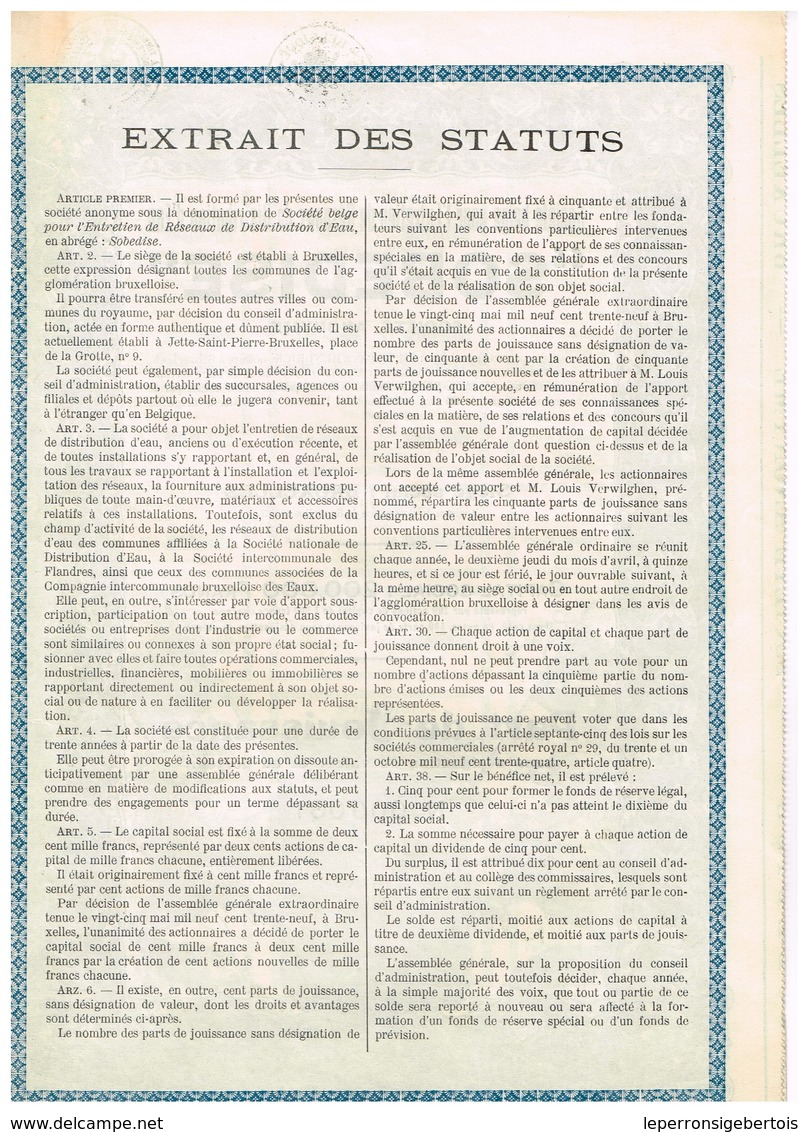 Titre Ancien - Sté Belge Pour L'Entretien De Réseaux De Distribution D'Eau "SODEBISE" - Titre De 1939 - - Eau