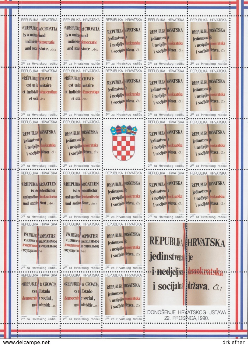 KROATIEN, Zwangszuschlagsmarken 14-19, Zusammendruckbogen, Postfrisch **, Neue Verfassung 1991 - Kroatien