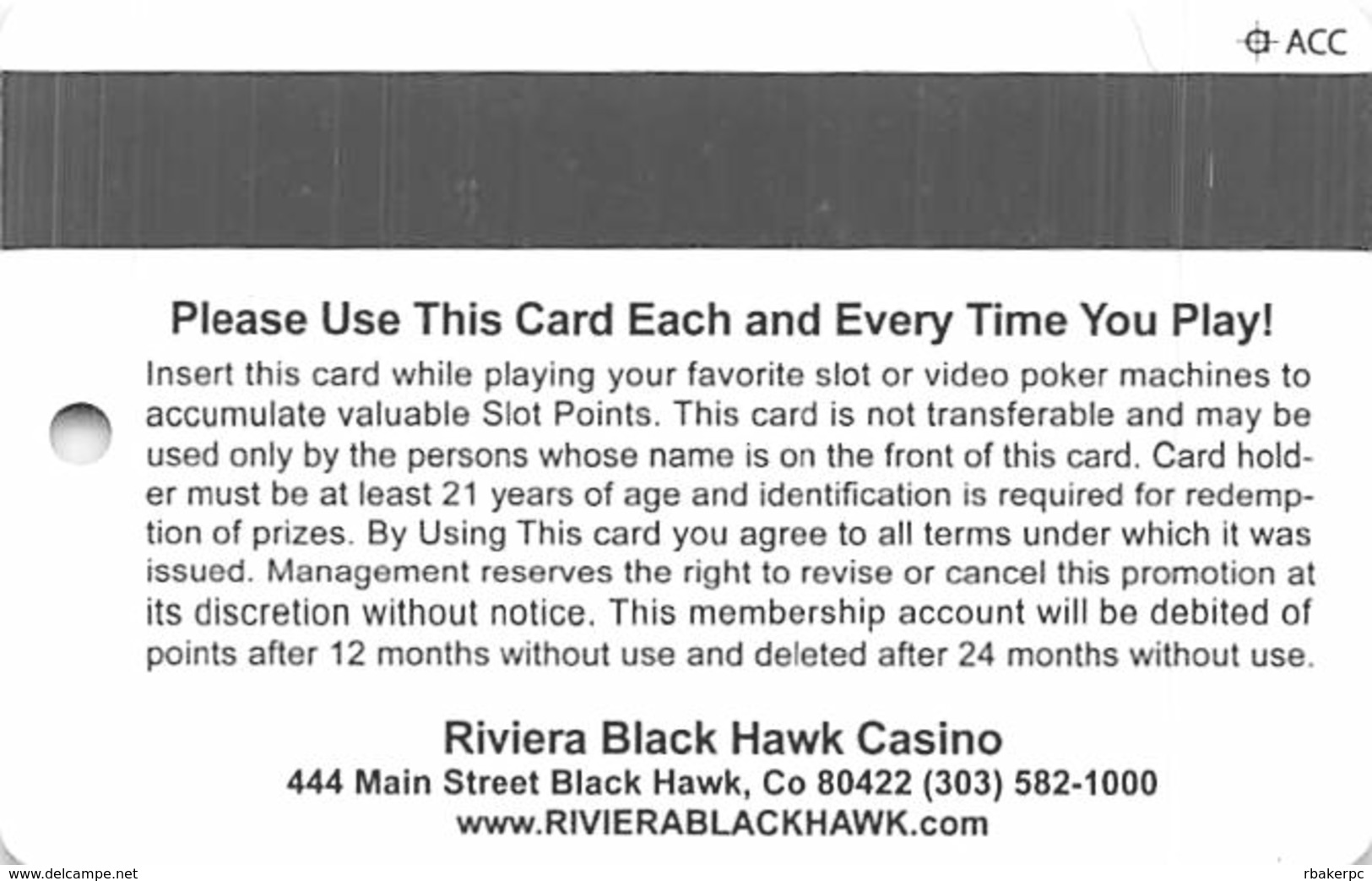 Riviera Casino - Black Hawk CO - BLANK 5th Issue Slot Card - ACC & UPPER Case Web Adr - Casino Cards