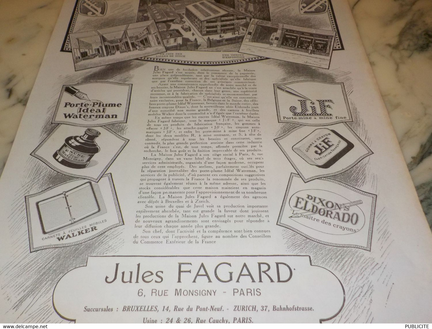 ANCIENNE PUBLICITE PORTE PLUME USINE JULES FAGARD  1923 - Autres & Non Classés