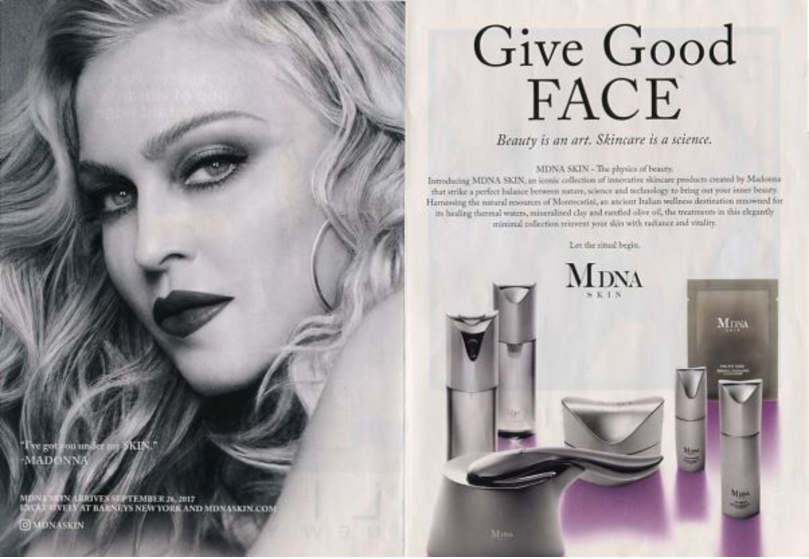 PUBLICITES USA MAGAZINE RECLAME WERBUNG ADVERTISING PUBBLICITARI PUBLICIDAD REKLAME MDNA SKIN MADONNA SKIN CARE COSMETIC - Publicités