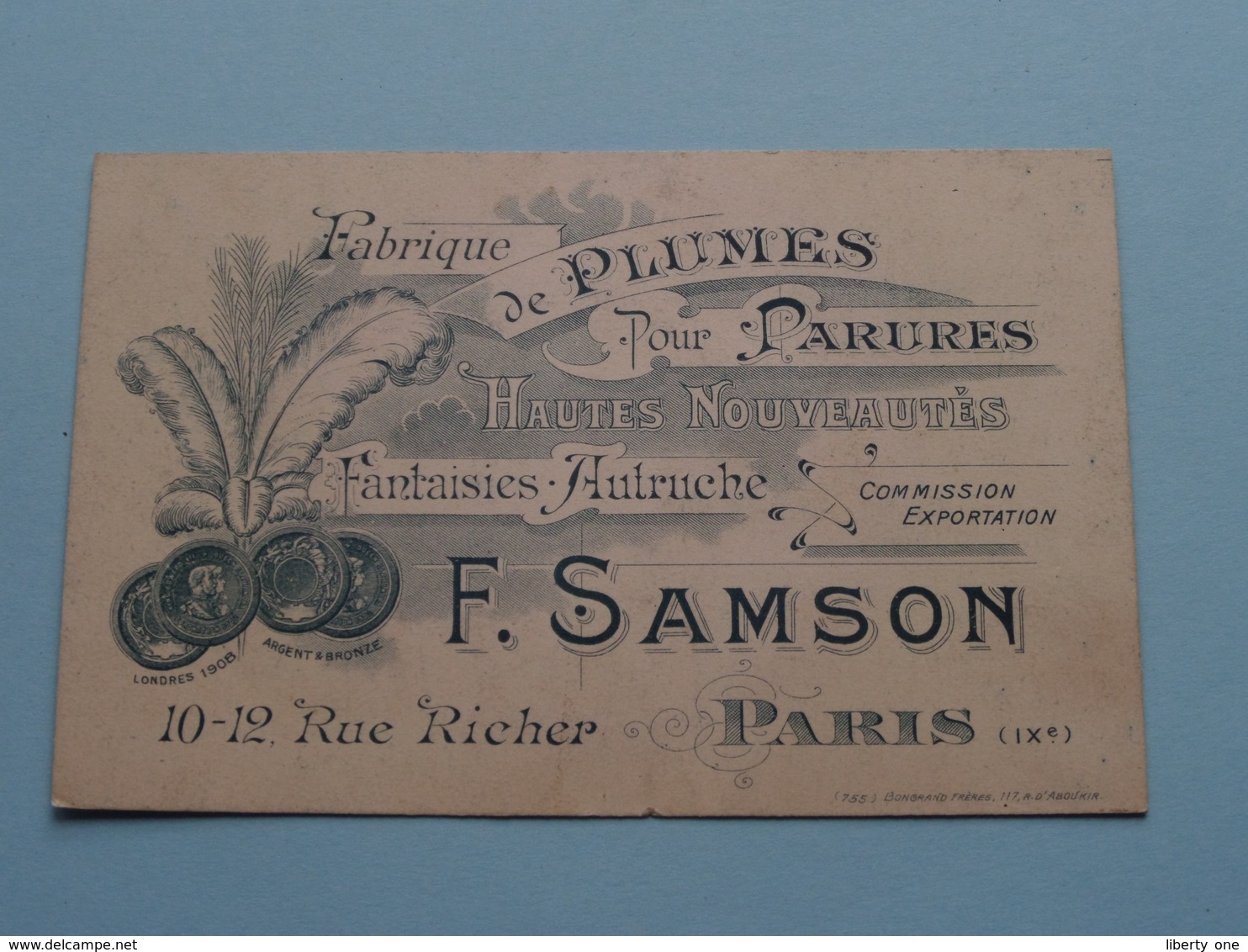 Plumes Pour Parures - Fantaisies Autruche " F. SAMSON " 10-12 Rue Richer PARIS ( Voir / Zie Foto ) ! - Cartes De Visite