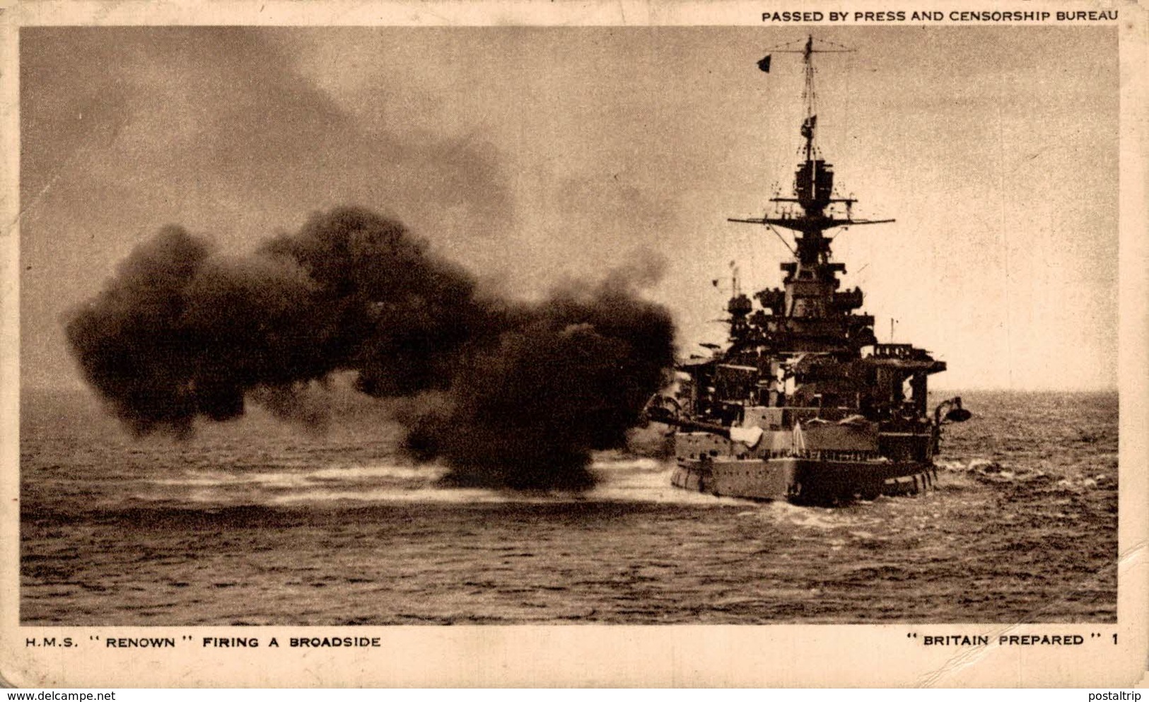 HMS RENOWN FIRING BROADSIDE BRITAIN PREPARED HM ROYAL NAVY PASSED BY PRESS CENSOR Kriegsschiff, Warship - Guerra