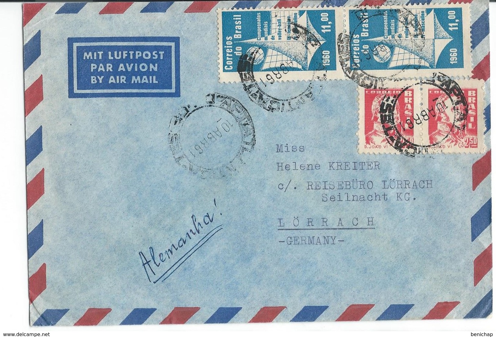 COVER CORREO BRASIL -BY AIR WAY - BRESIL - LORRACH - GERMANY. - Storia Postale