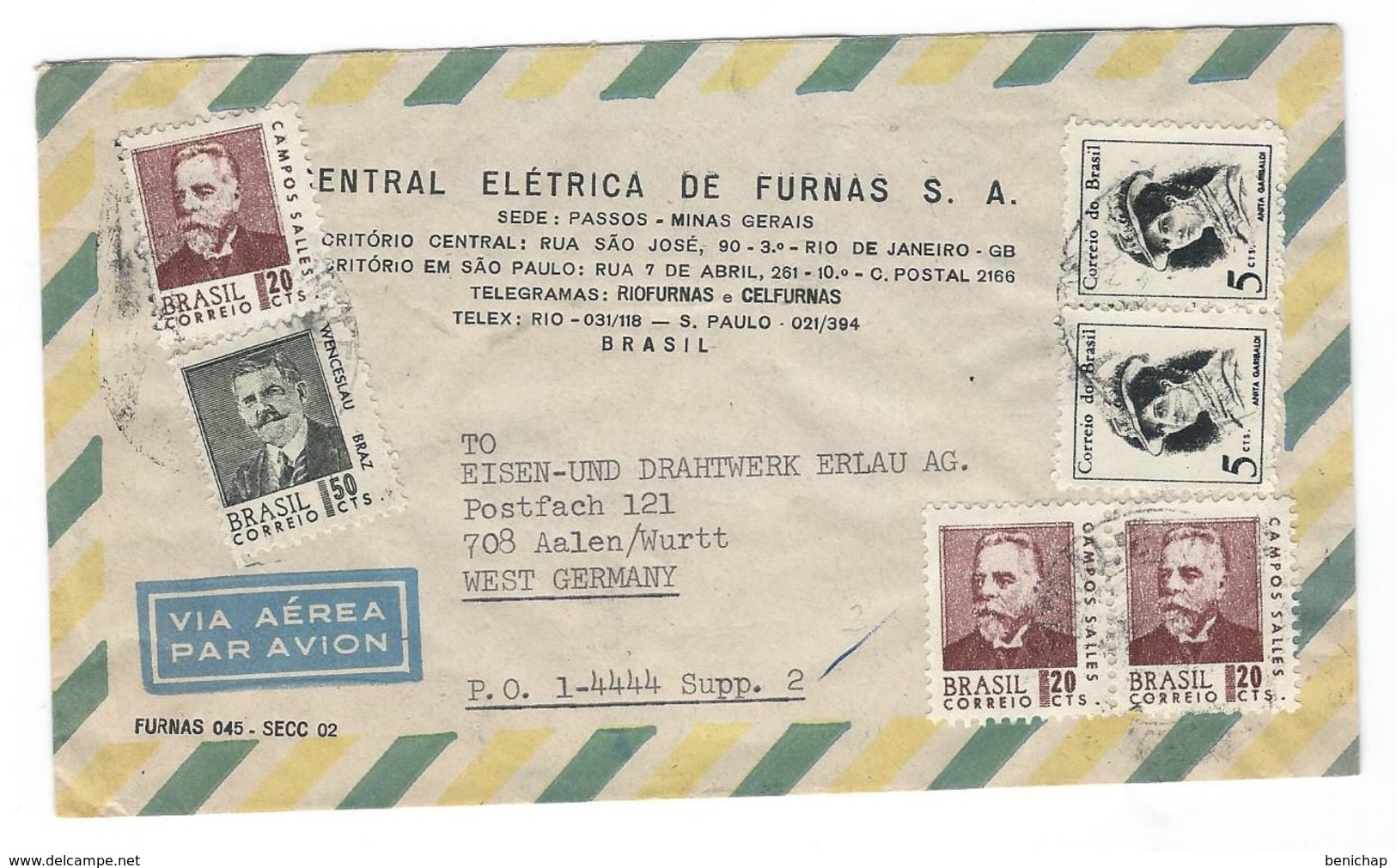 COVER CORREO BRASIL -VIA AEREA - BRESIL - FURNAS - AALEN / WURTT- WEST GERMANY. - Lettres & Documents