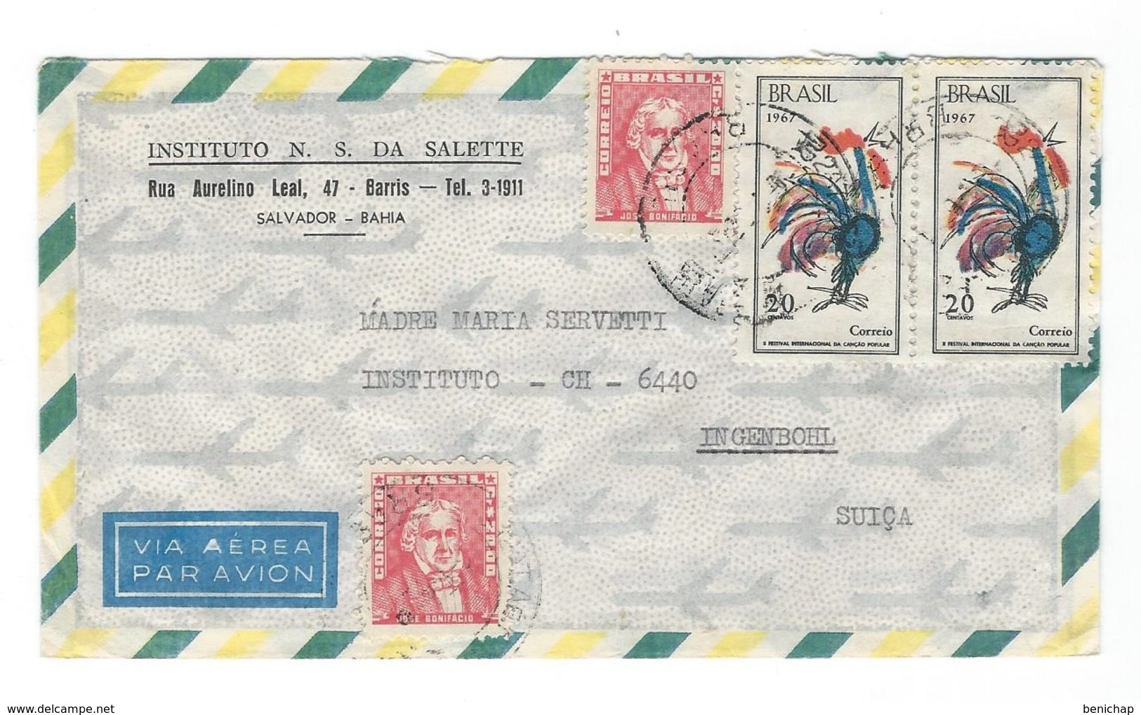 COVER CORREO BRASIL -VIA AEREA - INSTITUTO  N.S.DA SALETTE - BAHIA -  INGENBOHL - SUICA. - Cartas & Documentos