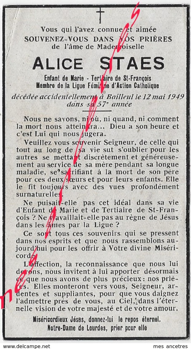 En 1949- BAILLEUL  (59)  Alice STAES Enfant De Marie Tertiaire St François-action Catholique 57 Ans - Avvisi Di Necrologio