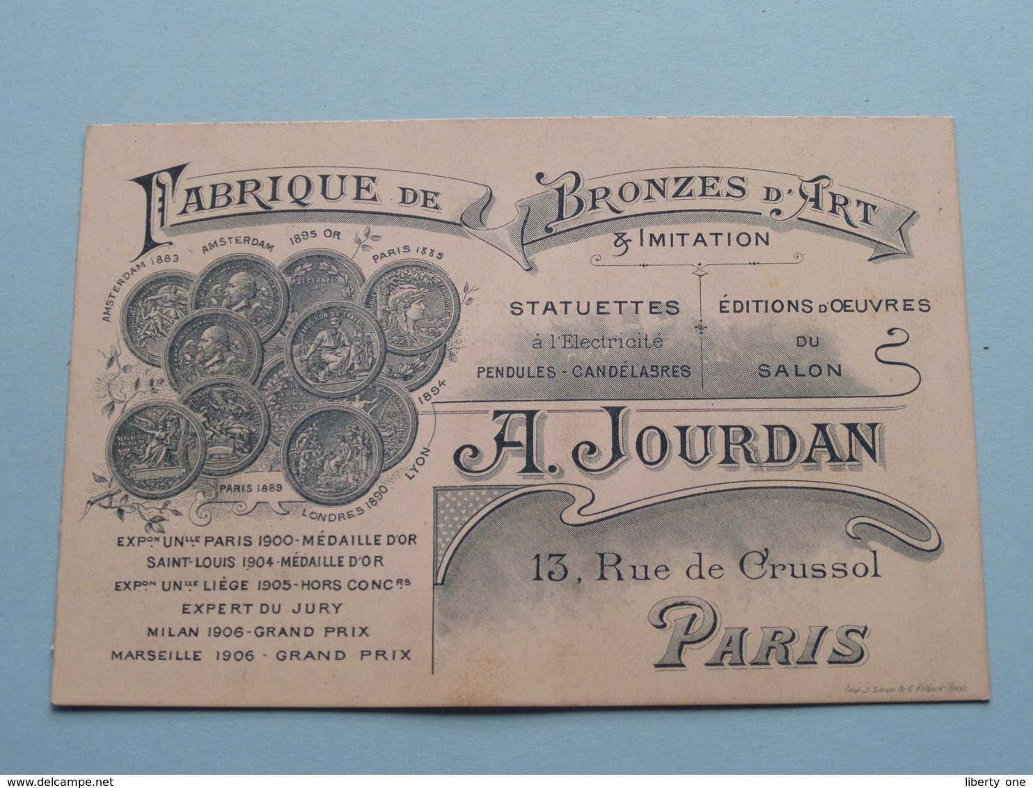 Manufact. De BRONZES D'ART " A. JOURDAN " 13 Rue De Crussol PARIS ( Voir / Zie Foto ) ! - Cartes De Visite