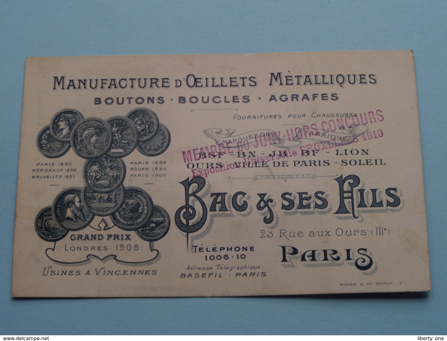 Manufact. D'Oeillets Metalliques / Boutons/Boucles/Agrafe " BAC & Ses Fils " 23 Rue Aux Ours PARIS ( Voir / Zie Foto ) ! - Cartes De Visite