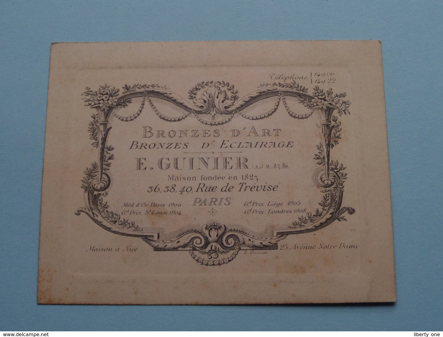 BRONZES D'ART " E. GUINIER " 36-38-40 Rue De Trévise PARIS ( Voir / Zie Foto ) ! - Cartes De Visite