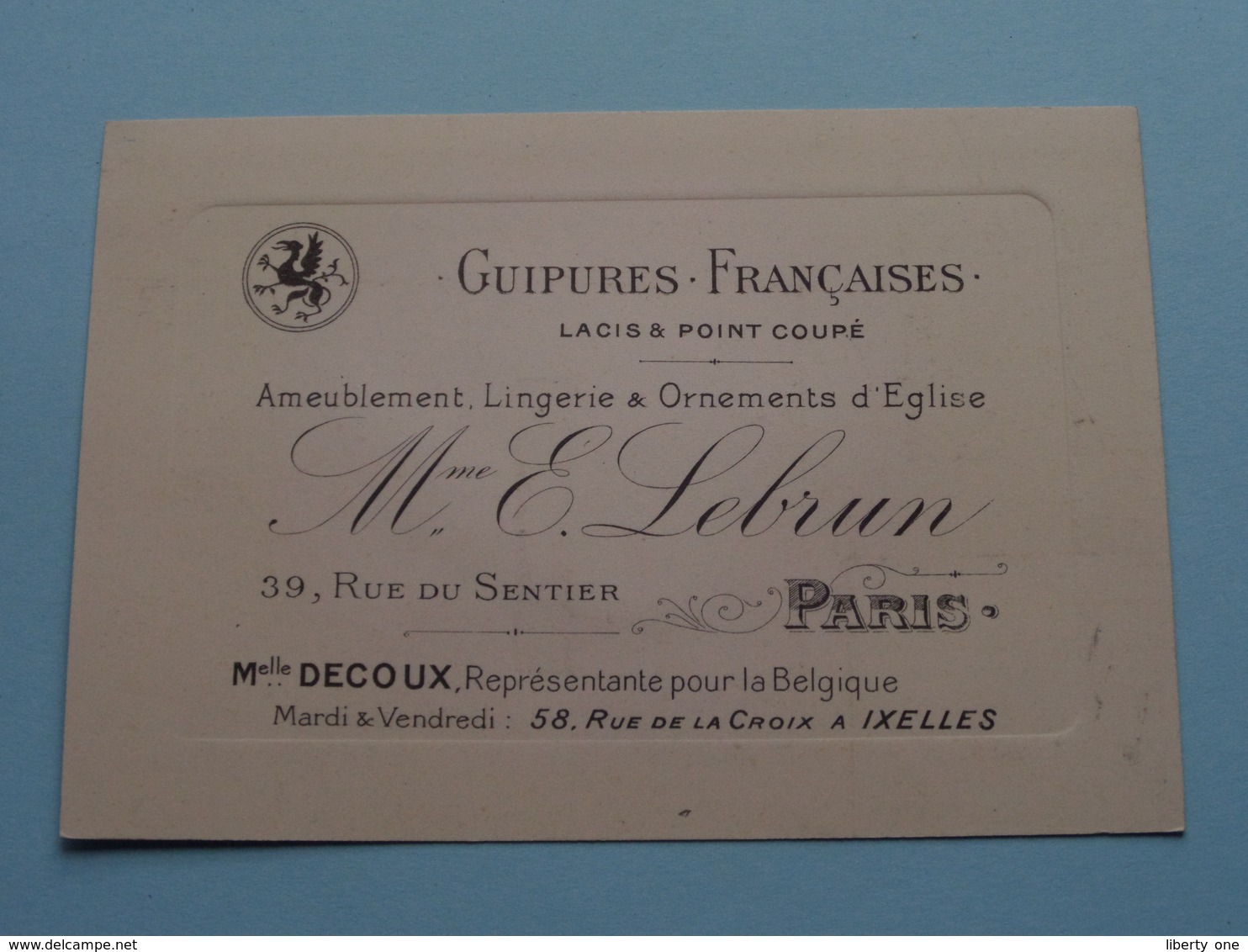 Guipures Françaises / Lacis & Point Coupé " Mme E. LEBRUN " 39 Rue Du Sentier PARIS ( Voir / Zie Foto ) ! - Cartes De Visite