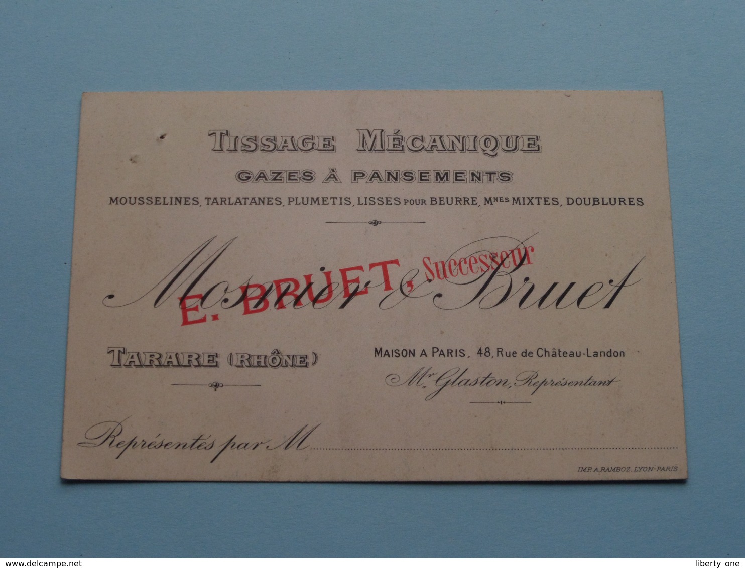 Tissage Mécanique " MOSNIER & BRUET - E. BRUET Succr. " TARARE (Rhône) Paris / Glaston ( Voir / Zie Foto ) ! - Cartes De Visite