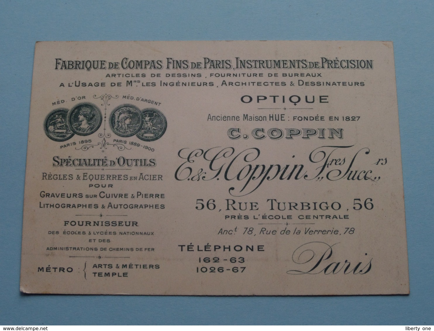 OPTIQUE Anc. Maison HUE " C. COPPIN " / E. & G. COPPIN Frères - Rue Turbigo 56 PARIS ( Voir / Zie Foto ) ! - Cartes De Visite