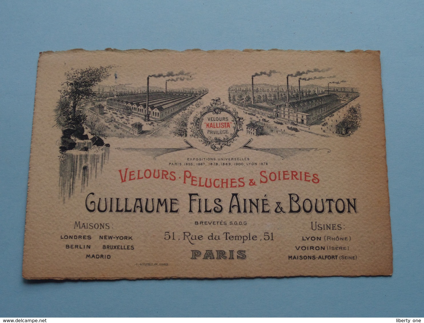 Velours-Peluches & Soieries " Guillaume Fils Ainé & BOUTON " Rue Du Temple 51 PARIS ( Voir / Zie Foto ) ! - Cartes De Visite