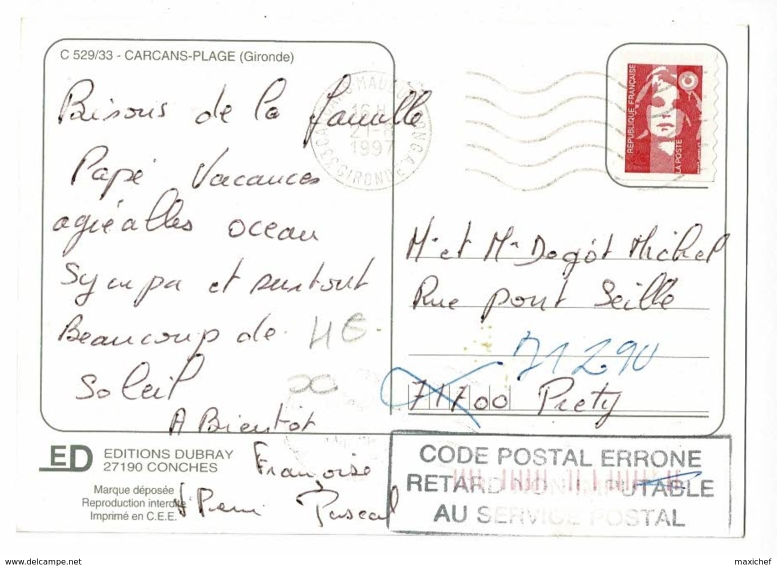 Griffe 3 Lignes Dans Cartouche Rectangulaire "Code Postal érroné, Retard Non Imputable Au Service Postal" Circ 1997 - Cachets Manuels