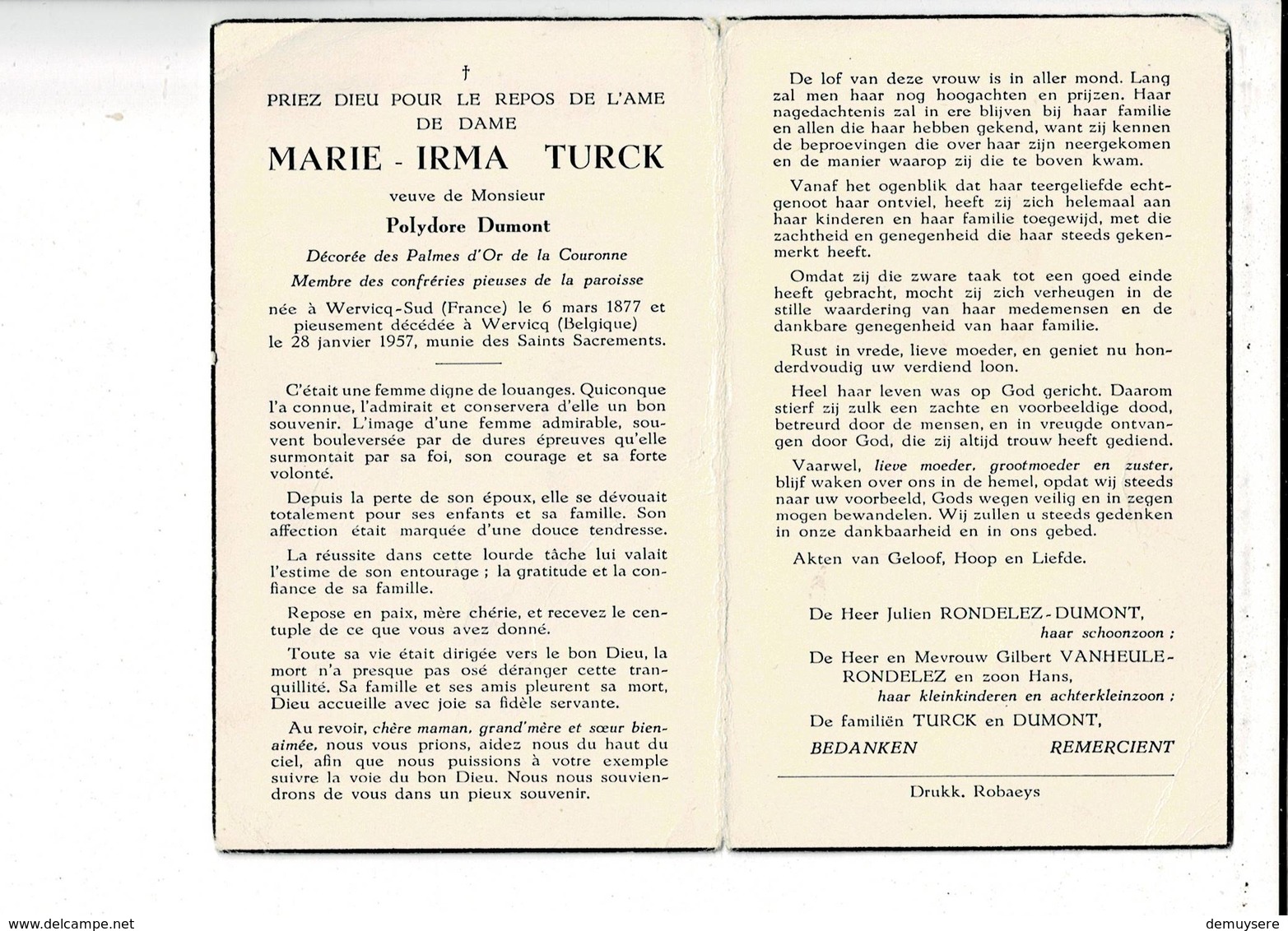 DP 8723 - MARIE TURCK - WERVICQ SUD ( FRANCE ) 1877 + WERVICQ ( BELGIQUE ) 1957 - Imágenes Religiosas
