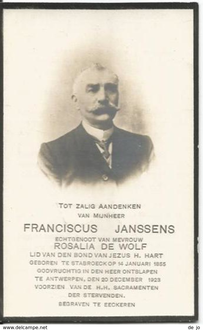 JANSSENS Franciscus °1855 Stabroek +1923 Antwerpen Ech De Wolf Doodsprentje Image Mortuaire Immaginetta Funeral Card - Godsdienst & Esoterisme